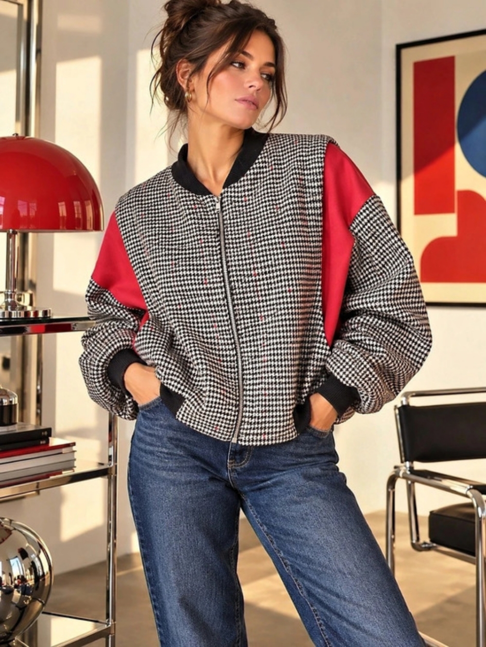 Vintage Sanjak International Houndstooth Red & Black Bomber Jacket 80s 90s